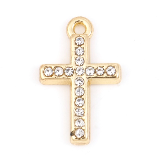 Picture of Zinc Based Alloy Micro Pave Charms Gold Plated Cross Clear Rhinestone 18mm x 11mm, 5 PCs