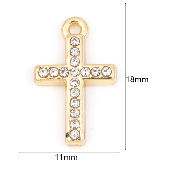 Picture of Zinc Based Alloy Micro Pave Charms Gold Plated Cross Clear Rhinestone 18mm x 11mm, 5 PCs