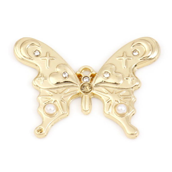 Picture of Zinc Based Alloy Insect Charms Gold Plated Butterfly Animal Star Acrylic Imitation Pearl Clear Rhinestone 27mm x 20mm, 5 PCs