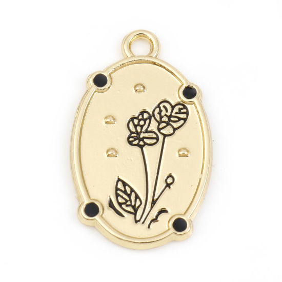 Imagen de Zamak Colgantes Charms Óvalo Chapado en Oro Negro Flor Esmalte 25mm x 15mm, 10 Unidades