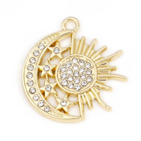 Picture of Zinc Based Alloy Galaxy Charms Gold Plated Star Sun & Moon Clear Rhinestone 25mm x 24mm, 5 PCs