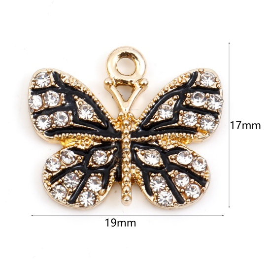 Picture of Zinc Based Alloy Micro Pave Charms Gold Plated Black Butterfly Animal Enamel Clear Rhinestone 19mm x 17mm, 10 PCs