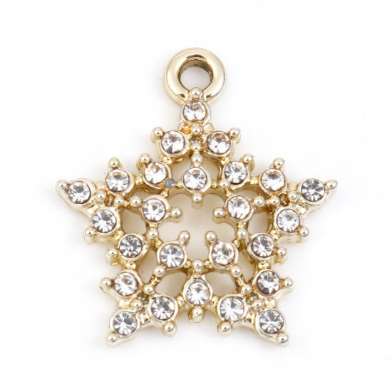 Picture of Zinc Based Alloy Style Of Royal Court Character Charms Gold Plated Pentagram Star Hollow Clear Rhinestone 21mm x 19mm, 10 PCs