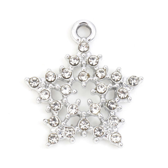 Picture of Zinc Based Alloy Style Of Royal Court Character Charms Silver Tone Pentagram Star Hollow Clear Rhinestone 21mm x 19mm, 10 PCs