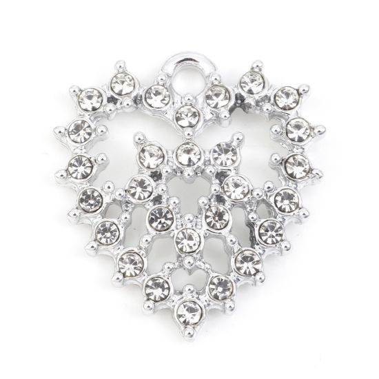 Picture of Zinc Based Alloy Style Of Royal Court Character Charms Silver Tone Heart Hollow Clear Rhinestone 19mm x 17mm, 10 PCs