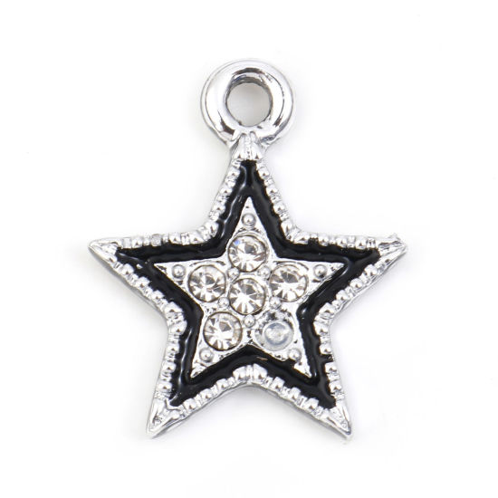 Bild von Zinklegierung Micro Pave Charms Geometrie Silberfarbe Schwarz Pentagramm Transparent Strass Emaille 16mm x 13mm, 10 Stück