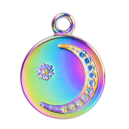 Изображение 2 ШТ Экологичное вакуумное PVD-покрытие Нержавеющая Сталь галактика Подвески Круглые Разноцветный 1мм Страз) Луна 20мм x 16мм