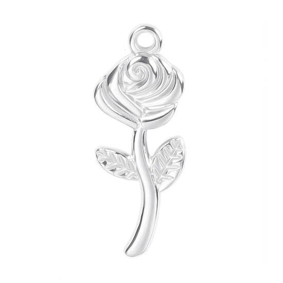Picture of Stainless Steel Charms Silver Tone Rose Flower 24mm x 10mm, 2 PCs