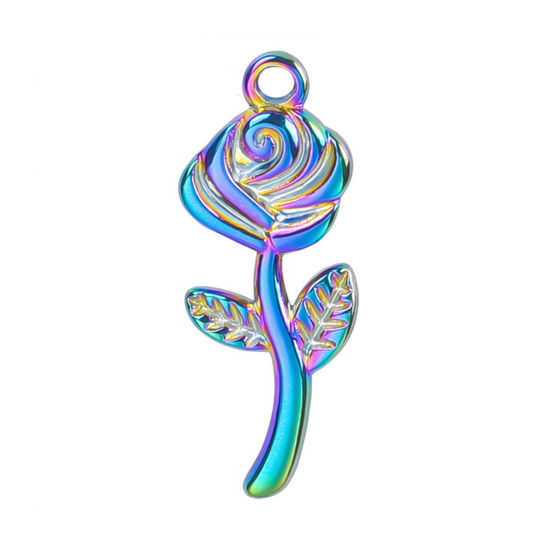 Picture of 2 PCs Eco-friendly PVD Vacuum Plating Stainless Steel Charms Multicolor Rose Flower 24mm x 10mm