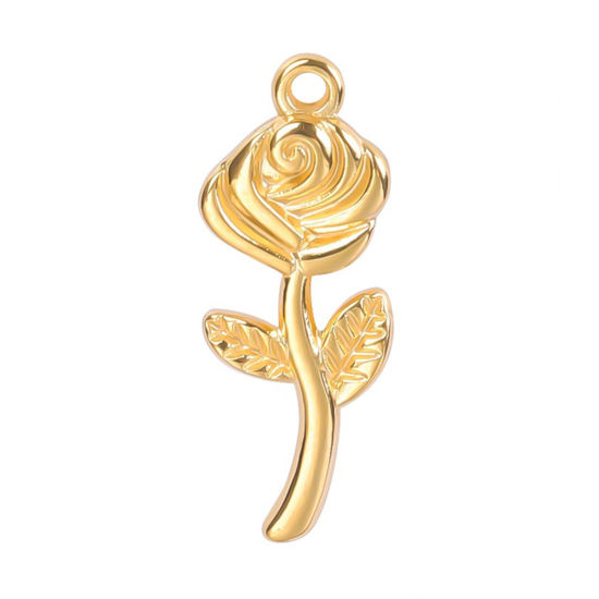 Picture of 2 PCs Eco-friendly PVD Vacuum Plating Stainless Steel Charms Gold Plated Rose Flower 24mm x 10mm