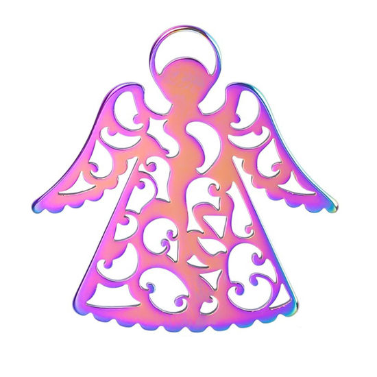 Bild von 2 Stück Umweltfreundliche PVD-Vakuumbeschichtung Edelstahl Religiös Anhänger Engel Bunt Filigran 3cm x 3cm