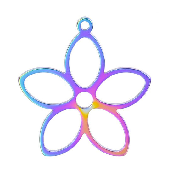 Picture of 2 PCs Eco-friendly PVD Vacuum Plating Stainless Steel Charms Multicolor Flower Hollow 26mm x 25mm