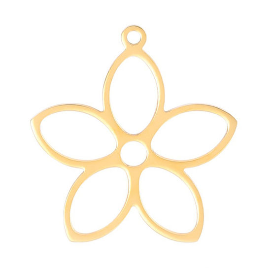 Picture of 2 PCs Eco-friendly PVD Vacuum Plating Stainless Steel Charms Gold Plated Flower Hollow 26mm x 25mm