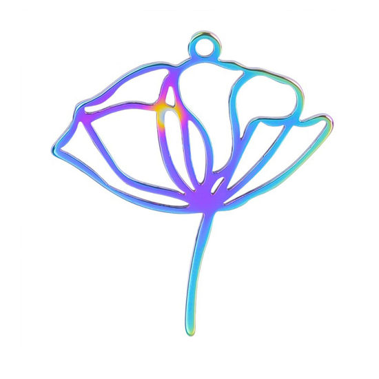 Изображение 2 ШТ Экологичное вакуумное PVD-покрытие Нержавеющая Сталь Подвески Цветок Лотоса Разноцветный ажурная резьба 28мм x 25мм