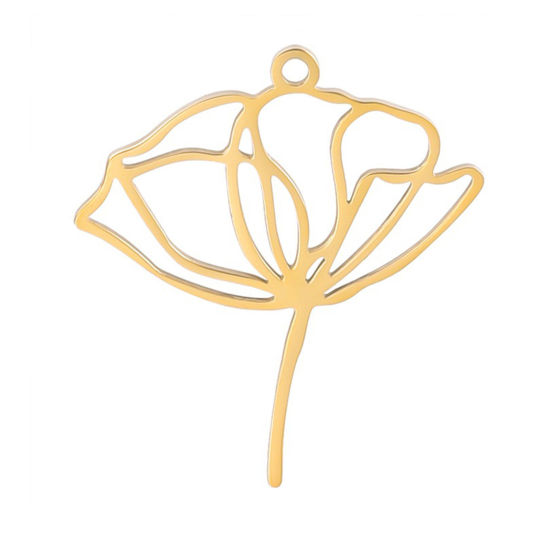 Изображение 2 ШТ Экологичное вакуумное PVD-покрытие Нержавеющая Сталь Подвески Цветок Лотоса Позолоченный ажурная резьба 28мм x 25мм