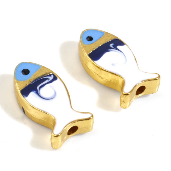 Immagine di Lega di Zinco Gioielli Oceanici Perline Pesce Oro Placcato Multicolore Smalto Circa 17mm x 8mm, Foro:Circa 1.6mm, 5 Pz
