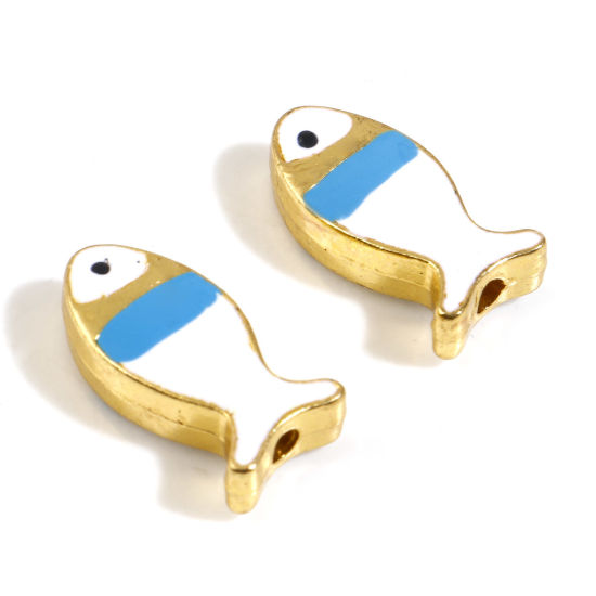 Immagine di Lega di Zinco Gioielli Oceanici Perline Pesce Oro Placcato Bianco Smalto Circa 17mm x 8mm, Foro:Circa 1.6mm, 5 Pz