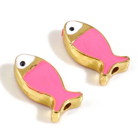 Immagine di Lega di Zinco Gioielli Oceanici Perline Pesce Oro Placcato Rosa Smalto Circa 17mm x 8mm, Foro:Circa 1.6mm, 5 Pz