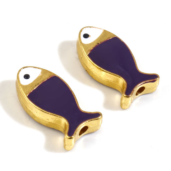 Immagine di Lega di Zinco Gioielli Oceanici Perline Pesce Oro Placcato Viola Scuro Smalto Circa 17mm x 8mm, Foro:Circa 1.6mm, 5 Pz