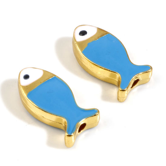 Immagine di Lega di Zinco Gioielli Oceanici Perline Pesce Oro Placcato Blu Smalto Circa 17mm x 8mm, Foro:Circa 1.6mm, 5 Pz