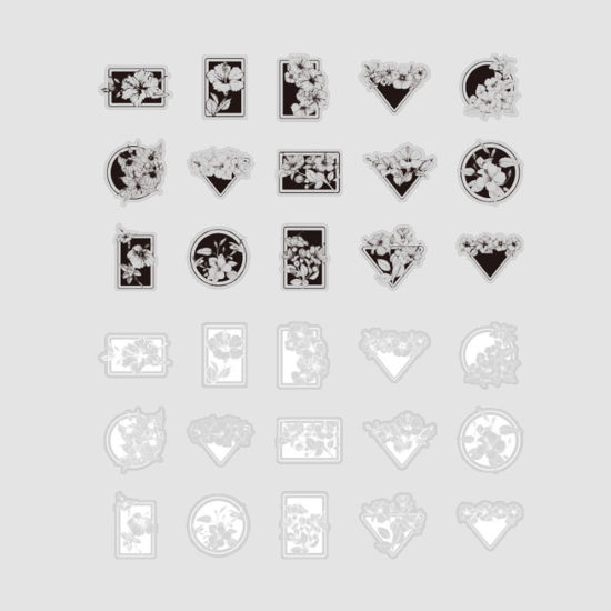 Image de DIY Papier Autocollant Décoration en PET Noir & Blanc Fleurs 12.9cm x 8.6cm, 1 Kit ( 30 Pcs/Kit)