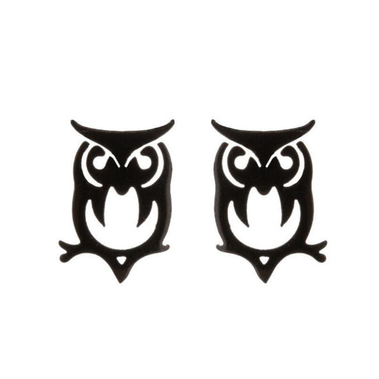 Picture of Stainless Steel Halloween Ear Post Stud Earrings Black Owl Animal Hollow 10mm x 7mm, Post/ Wire Size: (18 gauge), 1 Pair