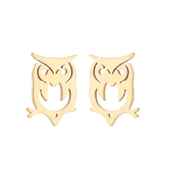 Picture of Stainless Steel Halloween Ear Post Stud Earrings Gold Plated Owl Animal Hollow 10mm x 7mm, Post/ Wire Size: (18 gauge), 1 Pair