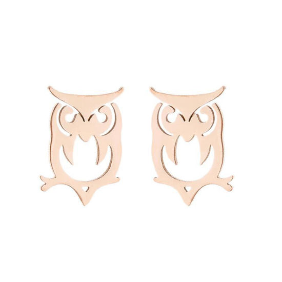 Picture of Stainless Steel Halloween Ear Post Stud Earrings Rose Gold Owl Animal Hollow 10mm x 7mm, Post/ Wire Size: (18 gauge), 1 Pair