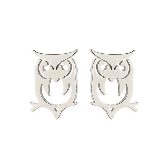Picture of Stainless Steel Halloween Ear Post Stud Earrings Silver Tone Owl Animal Hollow 10mm x 7mm, Post/ Wire Size: (18 gauge), 1 Pair