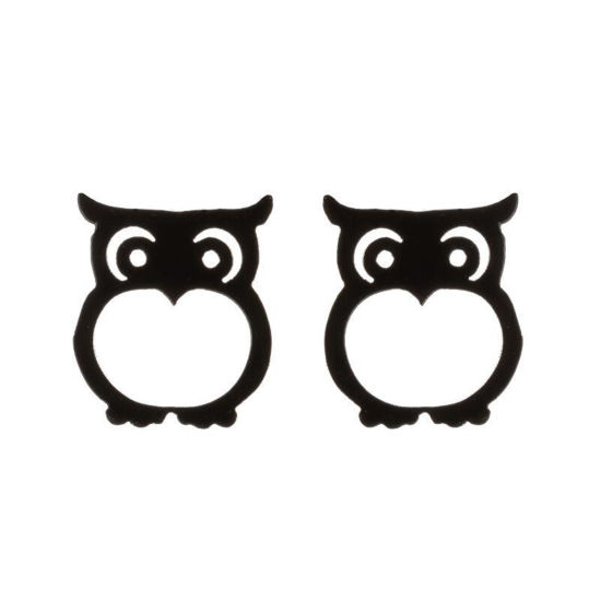 Picture of Stainless Steel Halloween Ear Post Stud Earrings Black Owl Animal Hollow 10mm x 9mm, Post/ Wire Size: (18 gauge), 1 Pair