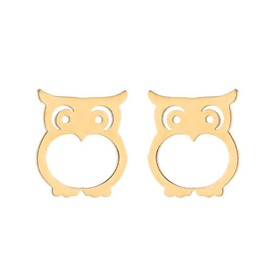 Picture of Stainless Steel Halloween Ear Post Stud Earrings Gold Plated Owl Animal Hollow 10mm x 9mm, Post/ Wire Size: (18 gauge), 1 Pair