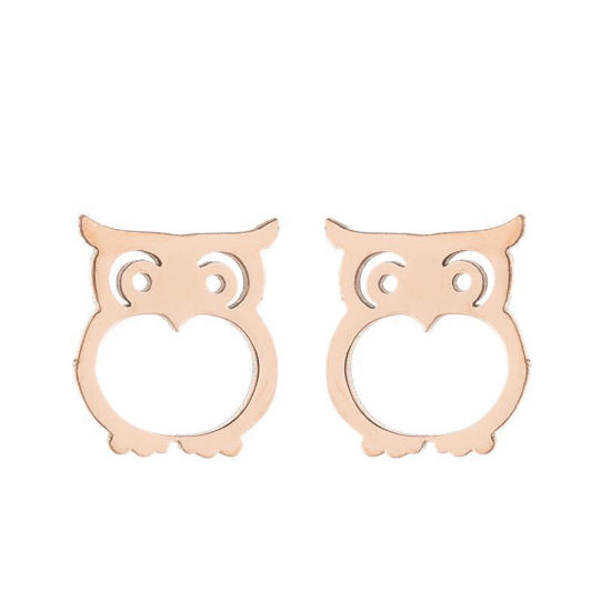 Picture of Stainless Steel Halloween Ear Post Stud Earrings Rose Gold Owl Animal Hollow 10mm x 9mm, Post/ Wire Size: (18 gauge), 1 Pair