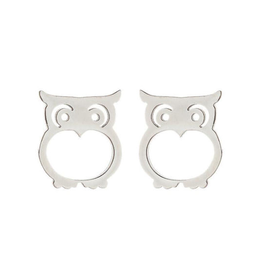Picture of Stainless Steel Halloween Ear Post Stud Earrings Silver Tone Owl Animal Hollow 10mm x 9mm, Post/ Wire Size: (18 gauge), 1 Pair