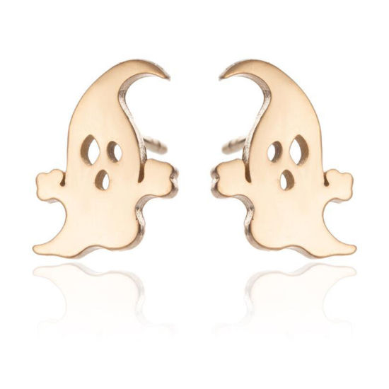 Imagen de Acero Inoxidable Halloween Pendientes Chapado en Oro Halloween Fantasma 11mm x 8mm, Post/ Wire Size: (18 gauge), 1 Par