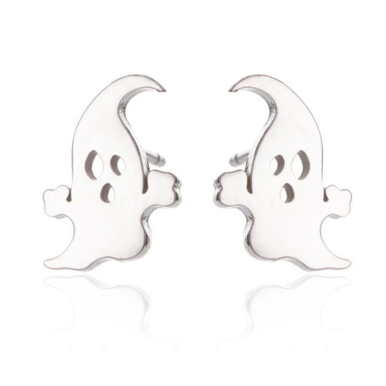 Imagen de Acero Inoxidable Halloween Pendientes Tono de Plata Halloween Fantasma 11mm x 8mm, Post/ Wire Size: (18 gauge), 1 Par