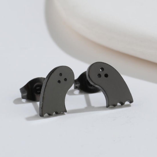 Imagen de Acero Inoxidable Halloween Pendientes Negro Halloween Fantasma 10mm x 6mm, Post/ Wire Size: (18 gauge), 1 Par