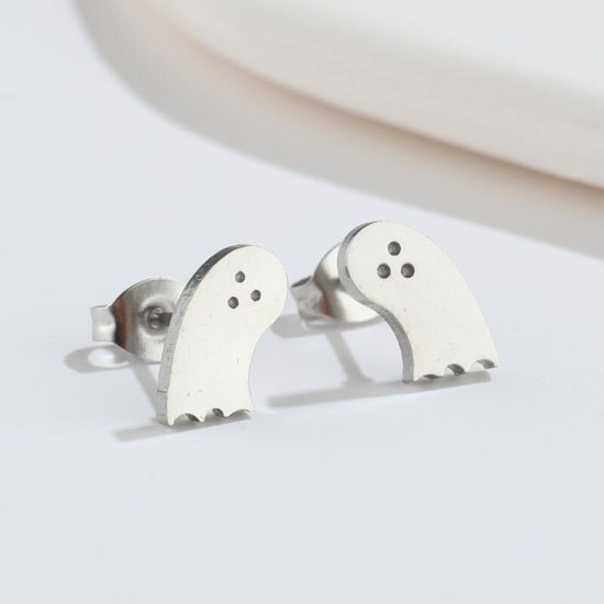 Imagen de Acero Inoxidable Halloween Pendientes Tono de Plata Halloween Fantasma 10mm x 6mm, Post/ Wire Size: (18 gauge), 1 Par