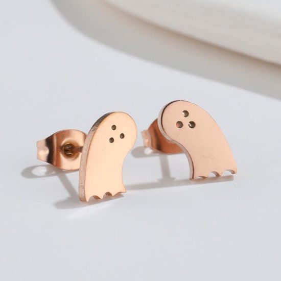 Imagen de Acero Inoxidable Halloween Pendientes Oro Rosa Halloween Fantasma 10mm x 6mm, Post/ Wire Size: (18 gauge), 1 Par