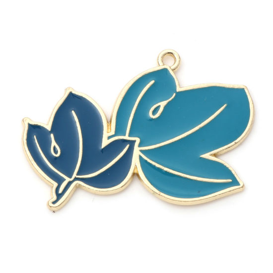 Imagen de Zamak Colgantes Hoja Chapado en Oro Azul Esmalte 4cm x 2.8cm, 10 Unidades