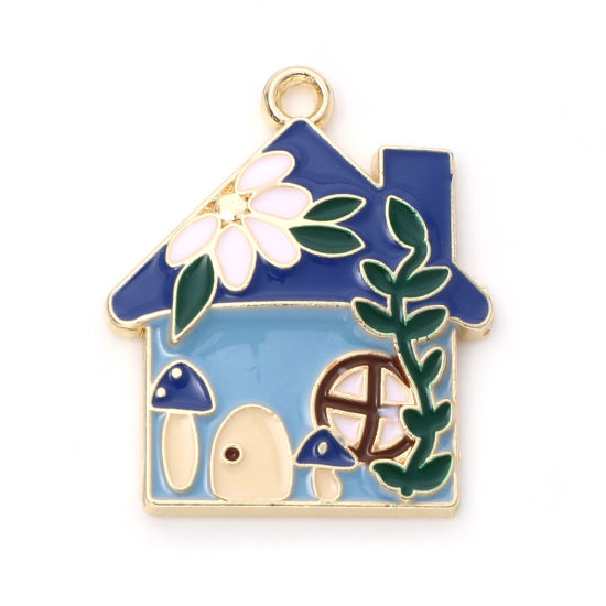 Bild von Zinklegierung Charms Haus Vergoldet Blau Blumen Emaille 29mm x 24mm, 10 Stück