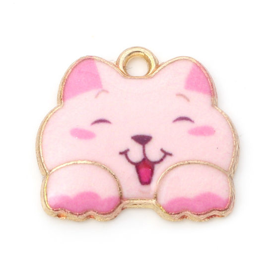 Picture of Zinc Based Alloy Charms Gold Plated Pink Cat Animal Enamel 18mm x 16mm, 10 PCs