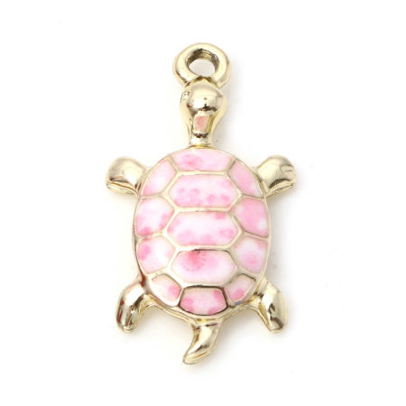Image de Breloques Bijoux d'Océan en Alliage de Zinc Tortue de Mer Doré Rose Clair Sakura Émail 24mm x 14mm, 10 Pcs