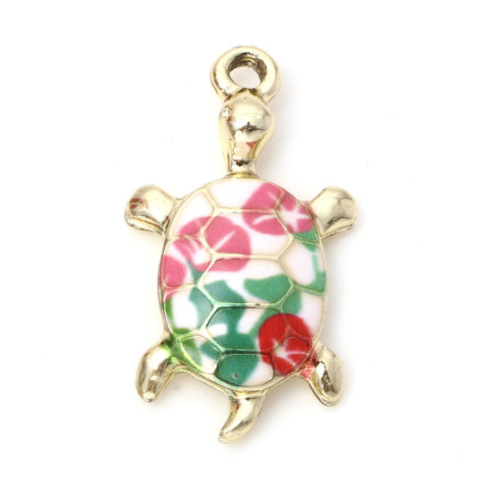 Picture of Zinc Based Alloy Ocean Jewelry Charms Gold Plated Multicolor Sea Turtle Animal Morning Glory Flower Enamel 24mm x 14mm, 10 PCs