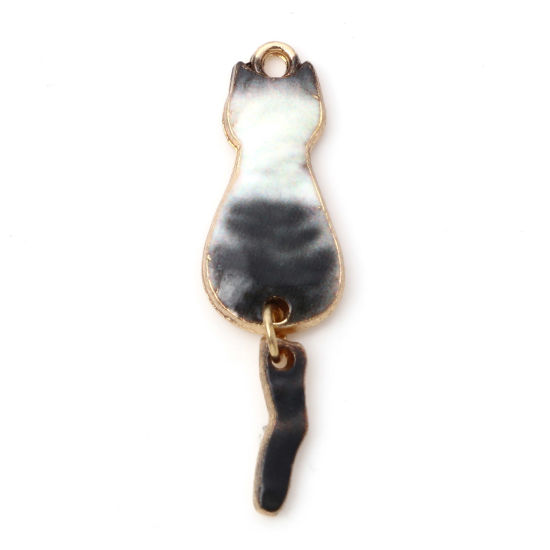 Picture of Zinc Based Alloy Pendants Gold Plated Black & White Cat Animal Enamel 3.5cm x 1cm, 10 PCs