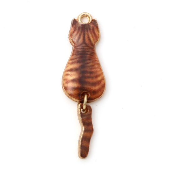 Picture of Zinc Based Alloy Pendants Gold Plated Brown Cat Animal Enamel 3.5cm x 1cm, 10 PCs