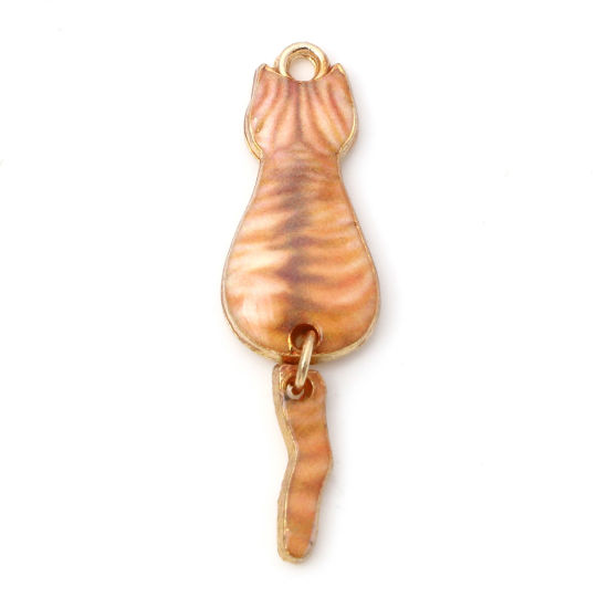 Picture of Zinc Based Alloy Pendants Gold Plated Light Brown Cat Animal Enamel 3.5cm x 1cm, 10 PCs