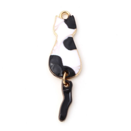 Picture of Zinc Based Alloy Pendants Gold Plated Black & White Cat Animal Enamel 3.5cm x 1cm, 10 PCs