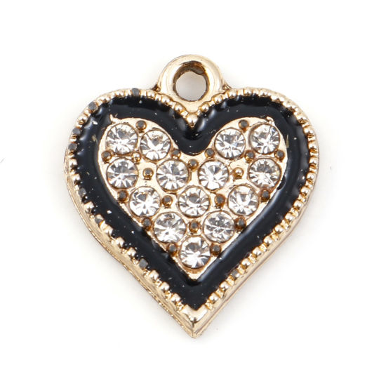 Bild von Zinklegierung Micro Pave Charms Herz Vergoldet Schwarz Transparent Strass Emaille 15mm x 13mm, 10 Stück