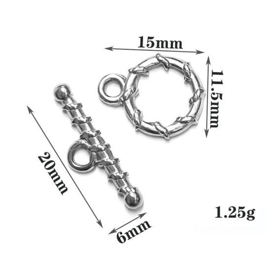 Picture of 304 Stainless Steel Toggle Clasps Round Stripe Silver Tone 1 Set