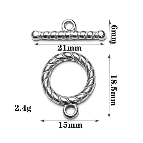 Picture of 304 Stainless Steel Toggle Clasps Round Stripe Silver Tone 1 Set